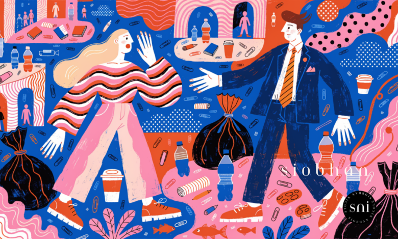 Abstract illustration of a man and a woman couple surrounded by debris and chaos.
