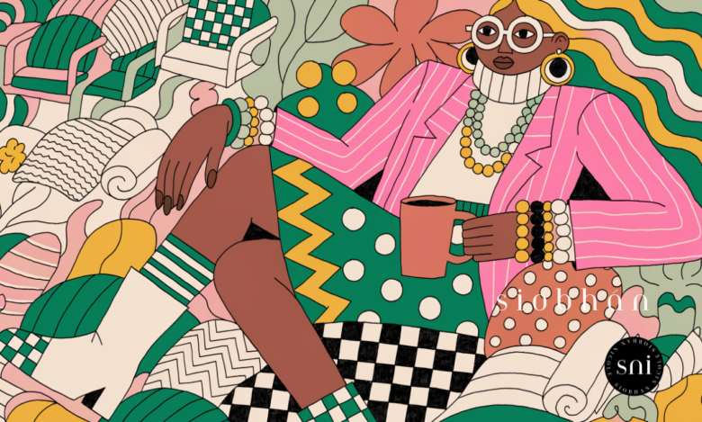 A colourful abstract animation in pink, yellow, green, white, and terracotta, of a woman boss sitting in her office drinking tea.
